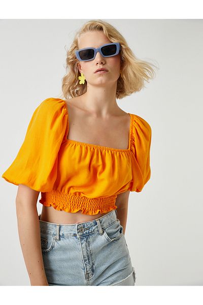 Koton Crop-Bluse mit elastischem Bund aus Leinenmischung