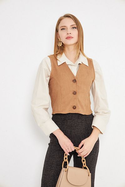 armonika Women's Mink V-Neck Slim Corduroy Vest Arm-25K 001008