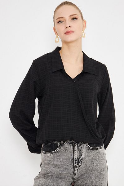 armonika Women's Black Sleeve and Elastic Waist Double Breasted Blouse Arm-25K 001041