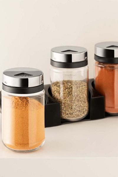 Melkan Home 3-Piece Glass Salt Shaker Pepper Shaker - Multi-Purpose Spice Holder with Stand