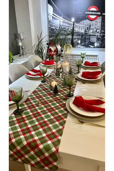 Decamor home New Year Plaid Pattern Red - Green Long Runner New Year Table New Year Runner