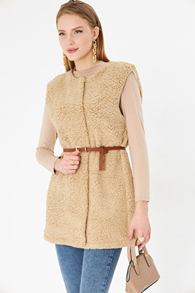 armonika Γυναικείο βελούδινο γιλέκο κρεμ από συνθετικό δέρμα ARM-25K 001067