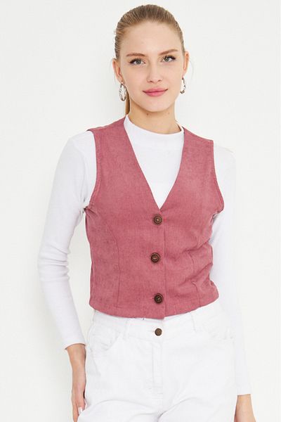 armonika Women's Dusty Rose V-Neck Slim Corduroy Vest Arm-25K 001008