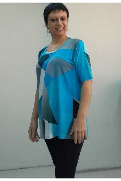 Mertcan Butik Μπλουζάκι με κοντομάνικο χτενισμένο βισκόζη με μπλε μαύρο λευκό σχέδιο