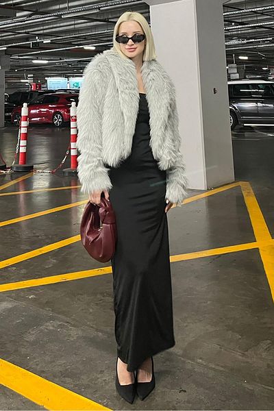 Madmext Soft Texture Gray Double Breasted Women's Fur - Lined Mg2175