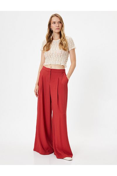 Koton Melis Ağazat - Hose mit weitem Bein und Taschen aus Viskose, bequemer Schnitt mit Faltendetails