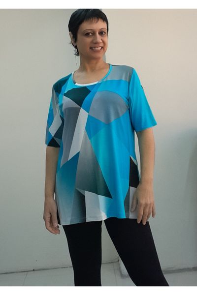 Mertcan Butik Blue Black and White Print Short-Sleeved Combed Cotton Viscose T-Shirt