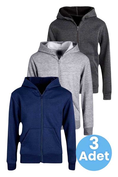 Uniquetrenders Set de 3 hanorace unisex din bumbac cu glugă și fermoar pentru copii