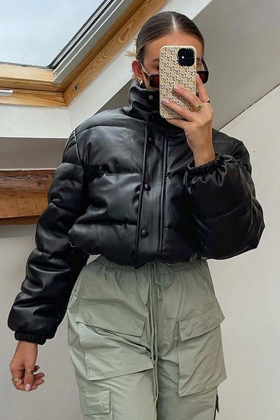 Madmext Černý dámský Crop Basic Leather Coat Mg1380