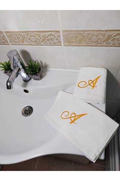 Butik Kişiye Özel Hediye, Baş Harf İşlemeli El Havluları, 30cmX50cm - Altın İşlemeli Kadife  Havlu
