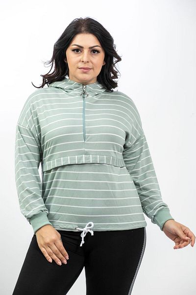 Şans Women's Large Size Green Hooded Sweatshirt with Front Zipper and Waist Tie Detail 65n29093