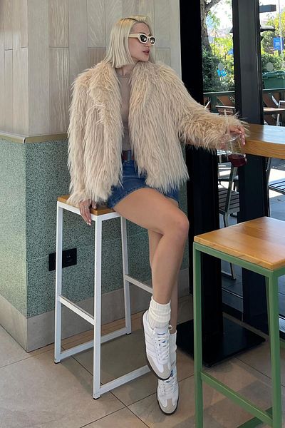 Madmext Beige Faux Fur Coat Shawl Collar - Women's Mg2169