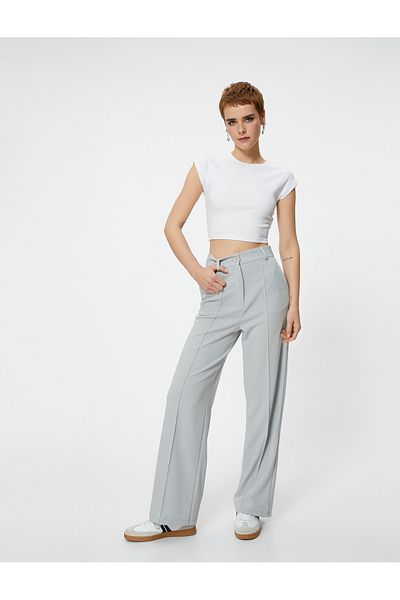 Koton Fabric Pants High Waist Wide Leg Comfortable Fit Ribbed Pocket