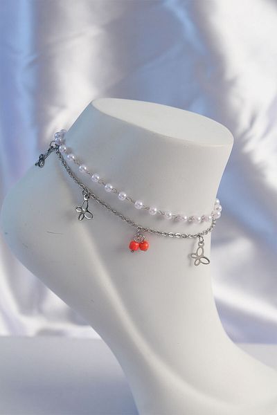 Skygo 316L Steel Silver Color Minimal Butterfly Model Pearl 2 Design Anklet - Tj-Hh1633