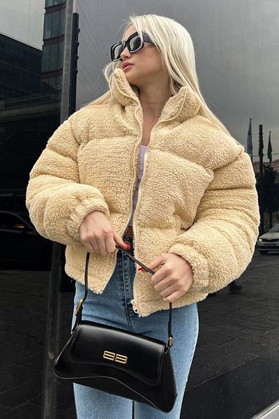 Madmext Ecru Plush Basic Crop Coat Mg1634