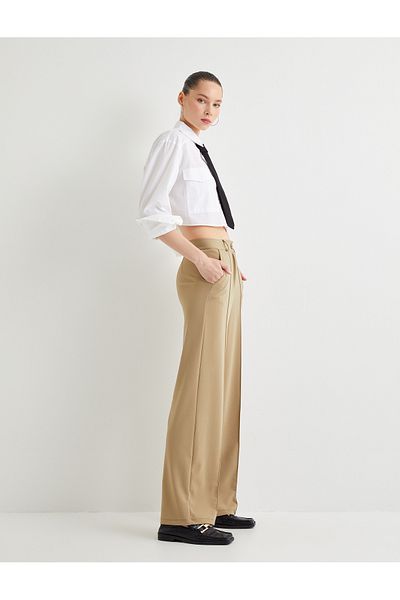 Koton Fabric Pants High Waist Wide Leg Comfortable Fit Ribbed Pocket