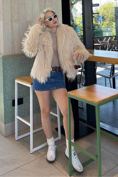 Madmext Beige Faux Fur Coat Shawl Collar - Women's Mg2169