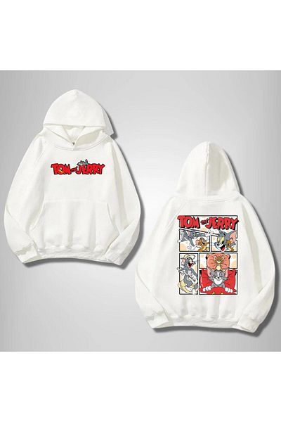 Touz Moda Φούτερ Tom & Jerry μπροστά και πίσω με στάμπα με λευκή κουκούλα