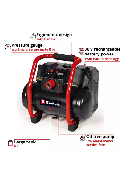 Einhell TE AC 36/150 Li Solo Akü Hariç 6lt 7barda 50lt/dk 9.17kg Akülü Kompresör