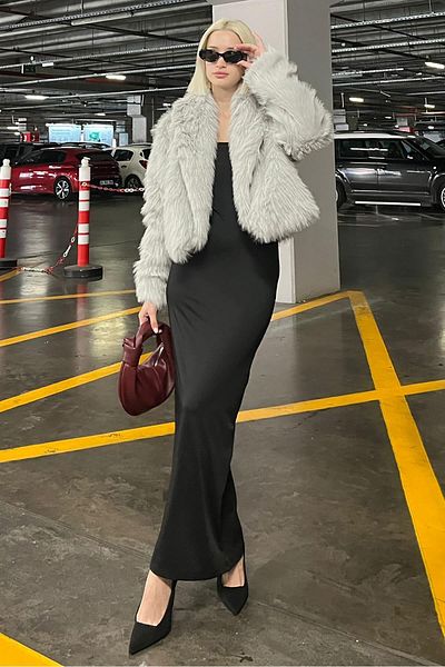 Madmext Soft Texture Gray Double Breasted Women's Fur - Lined Mg2175