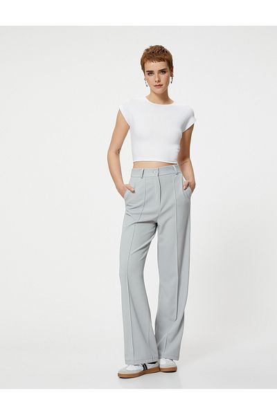Koton Fabric Pants High Waist Wide Leg Comfortable Fit Ribbed Pocket
