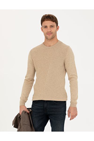 Pierre Cardin Pulover tricotat bej, slim fit, cu guler tip crew, 50281823-VR011