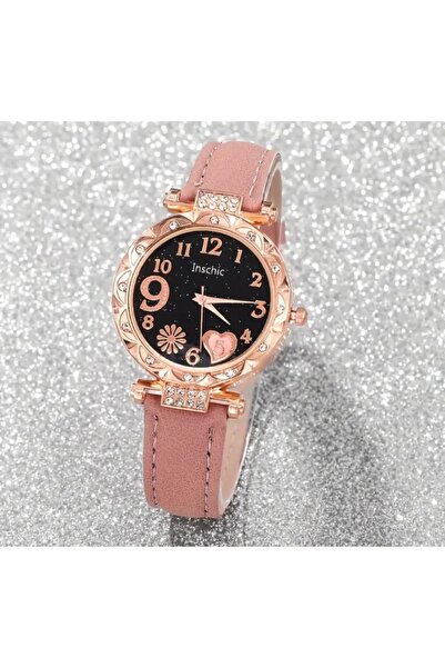 stainless steell VİP pembe renk suni deri kayışlı kuvars bilek saati