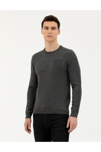 Pierre Cardin Koyu Gri Slim Fit Bisiklet Yaka Triko Kazak 50281779-VR080