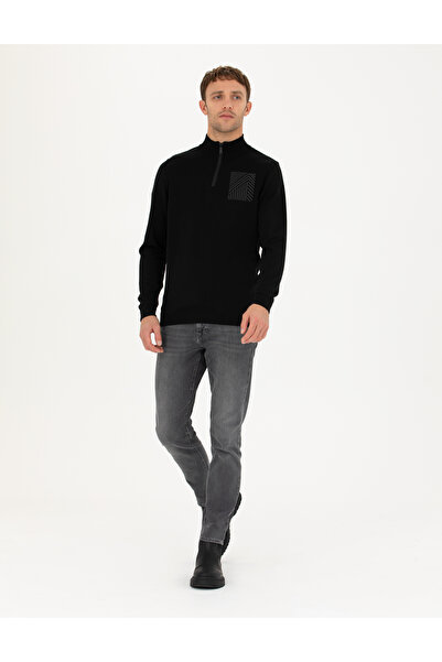 Pierre Cardin Siyah Slim Fit Fermuarlı Dik Yaka Triko Kazak 50279431-VR046