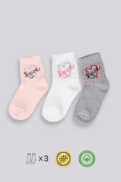 DBG DİAMENTE 3'lü Kız Çocuk Uzun Çorap Pamuklu Kalpli