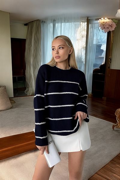 Jose Clothing Pulover de damă, albastru bleumarin, cu dungi cu gâtul turn, cu mânecă lungă, tricotaj cu textura moale