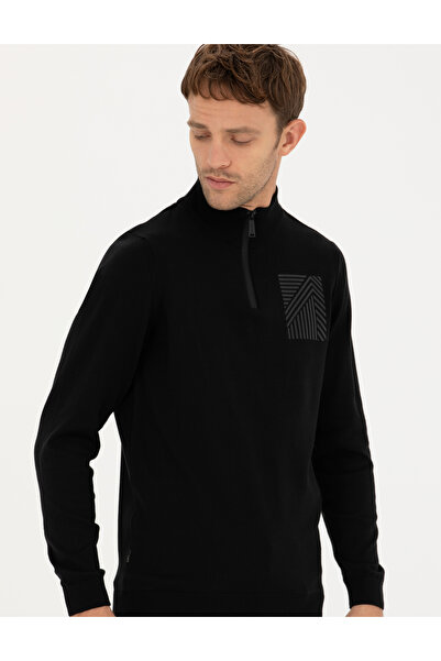 Pierre Cardin Siyah Slim Fit Fermuarlı Dik Yaka Triko Kazak 50279431-VR046