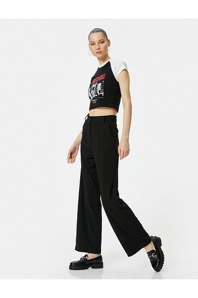 Koton Pantaloni din material textil, talie înaltă, picior lat, potrivire confortabilă, buzunar cu nervuri