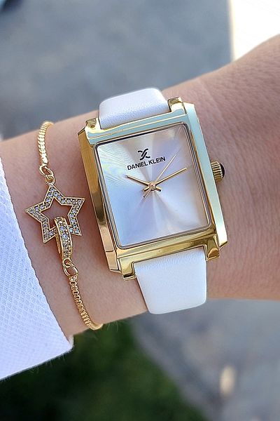 Daniel Klein Gold Yellow Rectangular Case White Leather Strap Women's Wrist Watch with Rhinestone Bracelet Gift