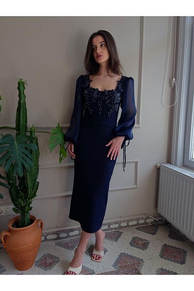Biçanta Zoe Balloon Sleeve Applique Crystal Beading Detailing Pencil Evening Dress Hijab Wedding Engagement Graduation