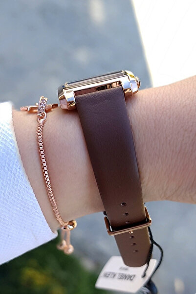 Daniel Klein Rose Gold Dikdörtgen Kasa Kahverengi Deri Kayışlı Kadın Kol Saati, Taşlı Bileklik Hediyeli