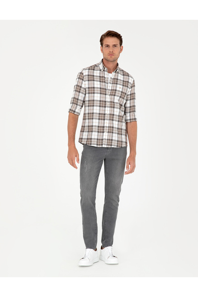 Pierre Cardin Kahverengi Ekose Slim Fit Uzun Kollu Gömlek 50296895-VR029