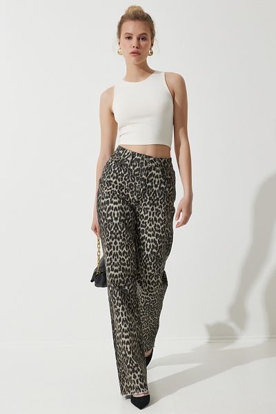 Lovelyİstanbul Blugi Palazzo negru bej cu model leopard - LVC0002