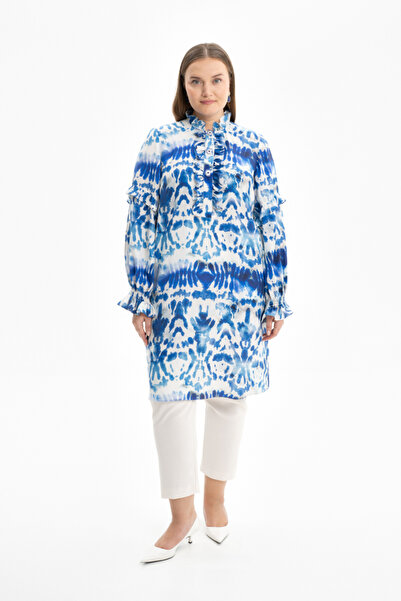 Aker Yakası Ve Kolları Detaylı Desenli Tunik