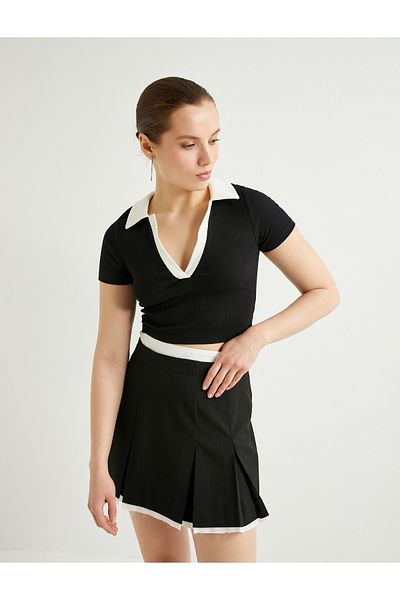 Koton Polo Neck Crop T-Shirt Color Contrast Short Sleeve Slim Fit