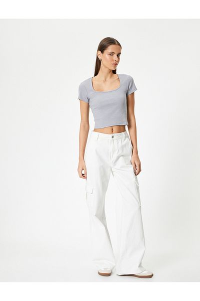 Koton Back Low-cut T-shirt Crop Short Sleeve Ribbed Slim Fit