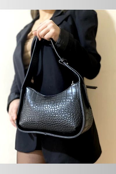 welcomein Geantă neagră de mână și de umăr pentru femei Wlc91, de calitate, cu model de crocodil