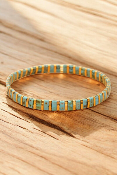 Atölye Turkuaz Bakır Tila Hematit Doğal Taş Elastik Bileklik