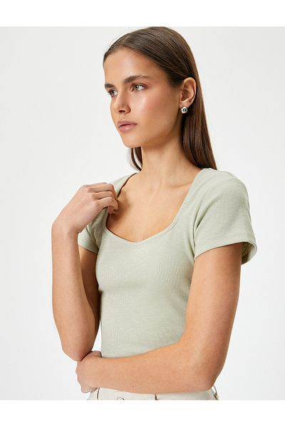 Koton Back Low-cut T-shirt Crop Short Sleeve Ribbed Slim Fit