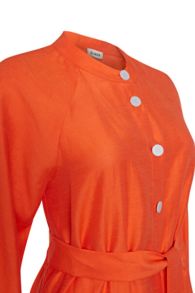 Aker Belden Bağlamalı Keten Elbise