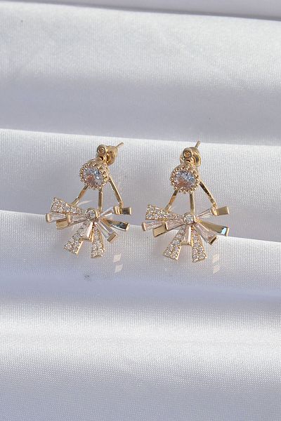 Skygo Gold Colored Brass Zircon Stone Flat Bow Model Earrings - Tj-bkp9301