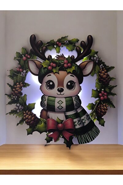 Genel Markalar Yeşil kabartmalı ışıklı geyik yılbaşı kapı süsü, neşeli dekora...