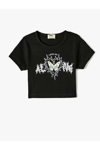 Koton Tricou crop imprimat cu mâneci scurte și decolteu
