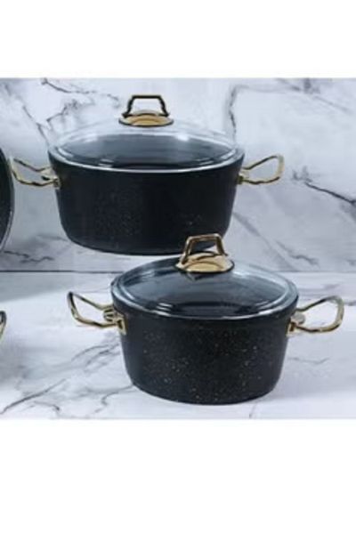 AVCI HOME MAKER 9-Piece Granitec Cookware Set - Non-Stick, PFOA-Free - 3 Deep Pots, 1 Low Pot, Frypan - Black & Gold