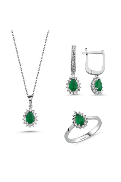 Sembol Gold Beyaz Altın Mini Set Zümrüt Damla 3lü Takım